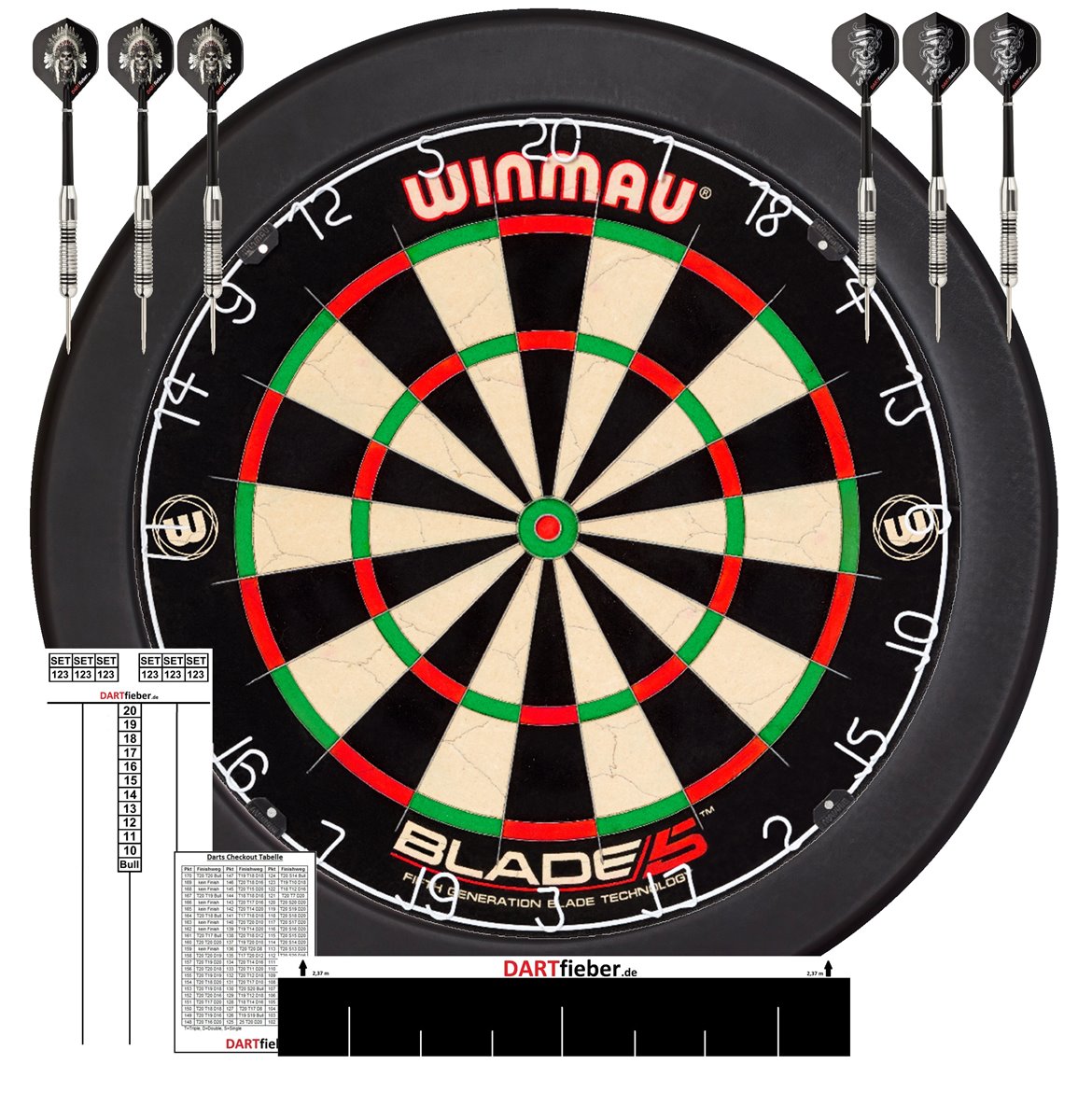 Mega Slim Starter-Set Dartboard Blade 5 Bristle Board + Surround ROT+ Abwurflinie + 2Set Darts + Checkoutkarte + Scoreboard Block Bristle Board